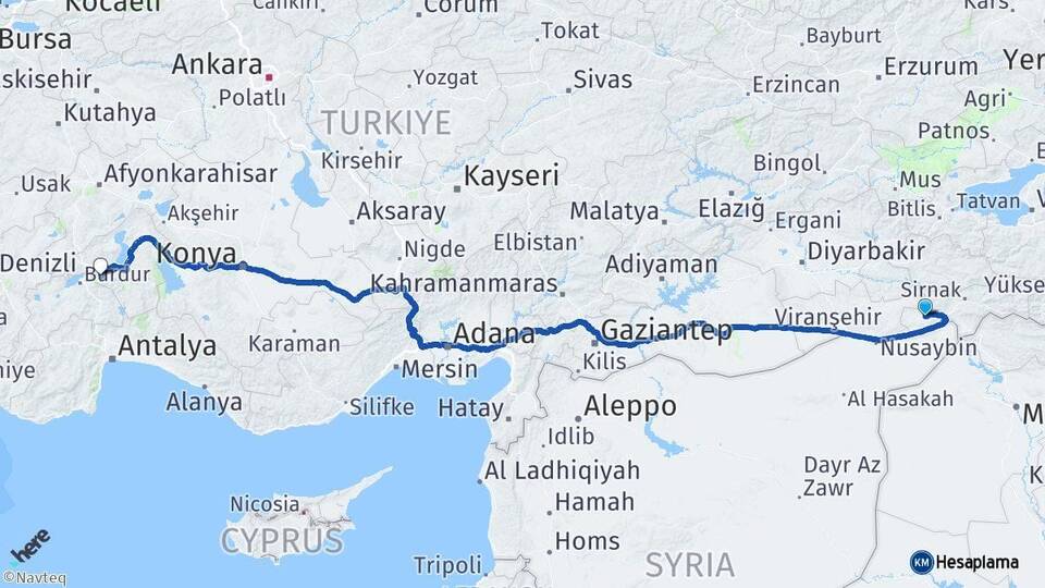 Şırnak İdil Isparta Arası Kaç Km - Yol Haritası