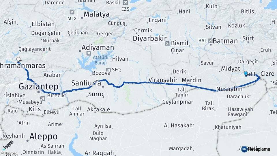 Şırnak İdil Kahramanmaraş Arası Kaç Km - Yol Haritası
