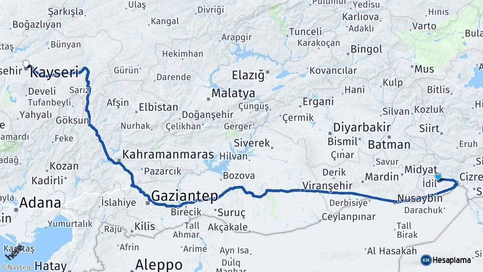Şırnak İdil Kayseri Arası Kaç Km - Yol Haritası