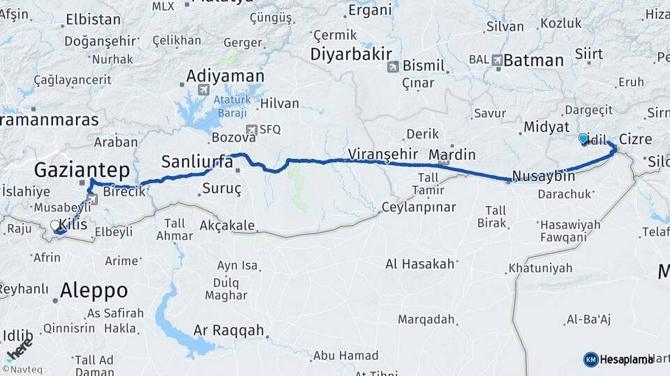 Şırnak İdil Kilis Arası Kaç Km - Yol Haritası
