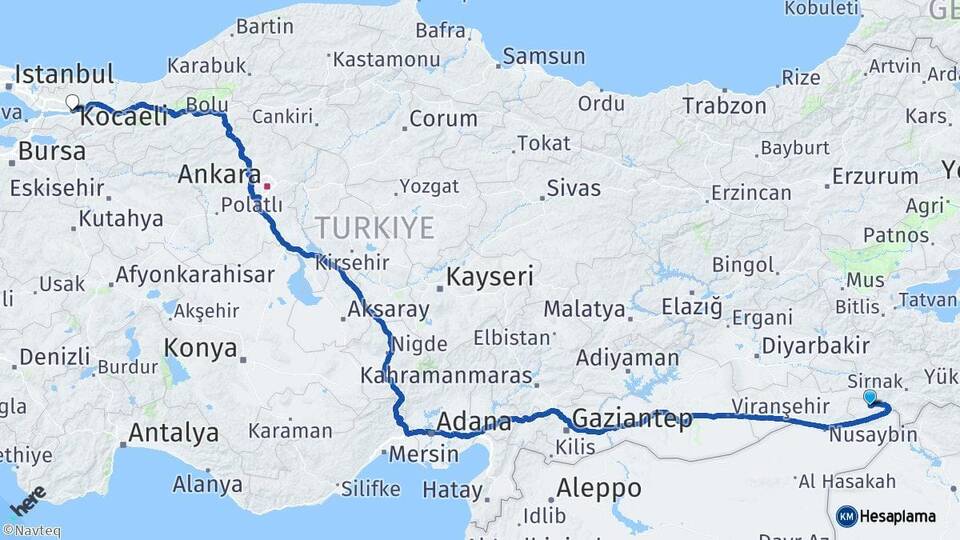 Şırnak İdil Kocaeli Arası Kaç Km - Yol Haritası