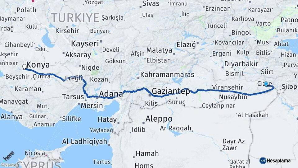 Şırnak İdil Konya Arası Kaç Km - Yol Haritası