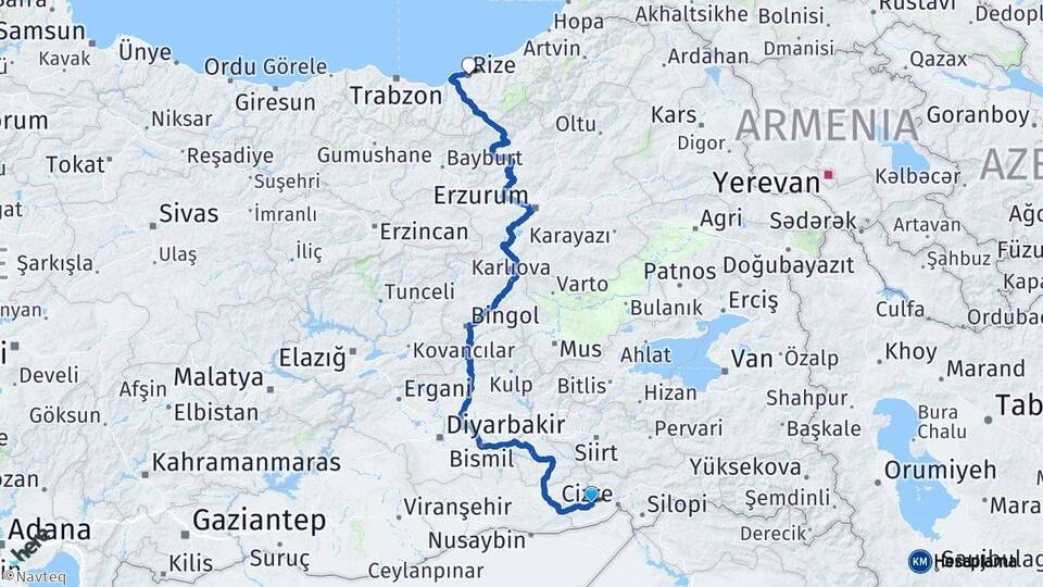 Şırnak İdil Rize Arası Kaç Km - Yol Haritası