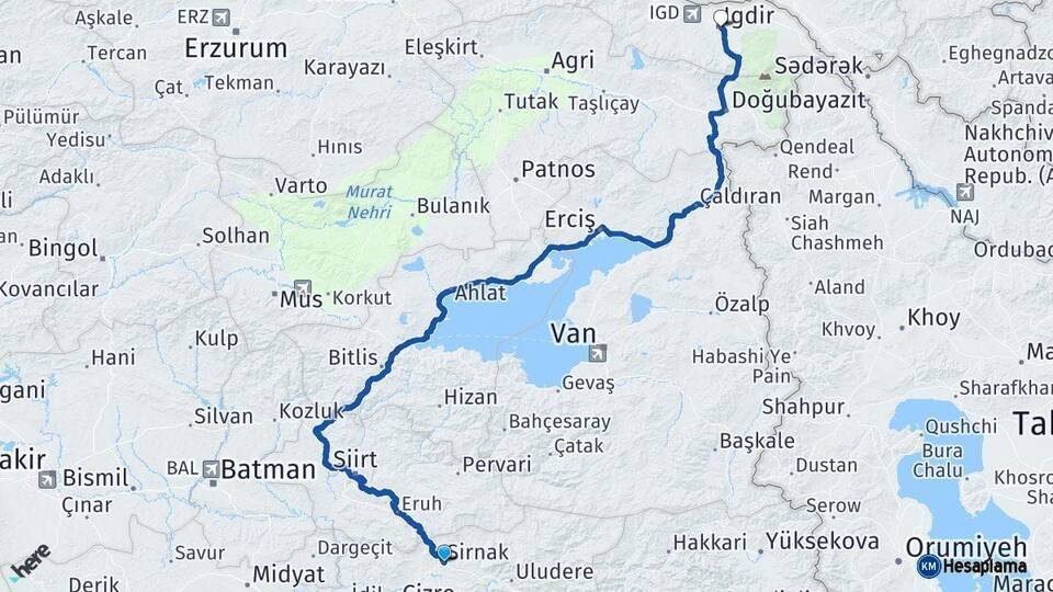 Şırnak Iğdır Arası Kaç Km - Yol Haritası