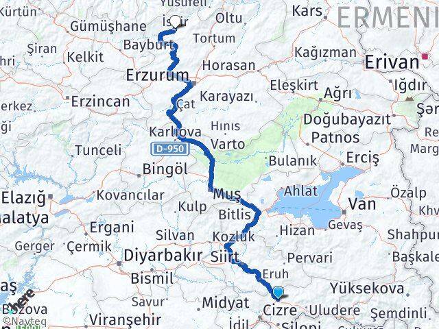 Şırnak İspir Erzurum Arası Kaç Km - Yol Haritası