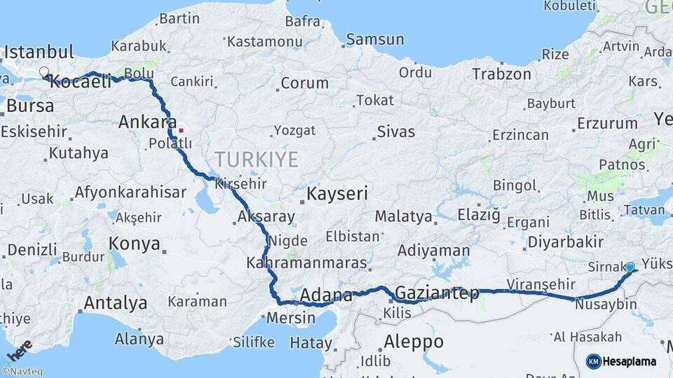 Şırnak İzmit Kocaeli Arası Kaç Km - Yol Haritası