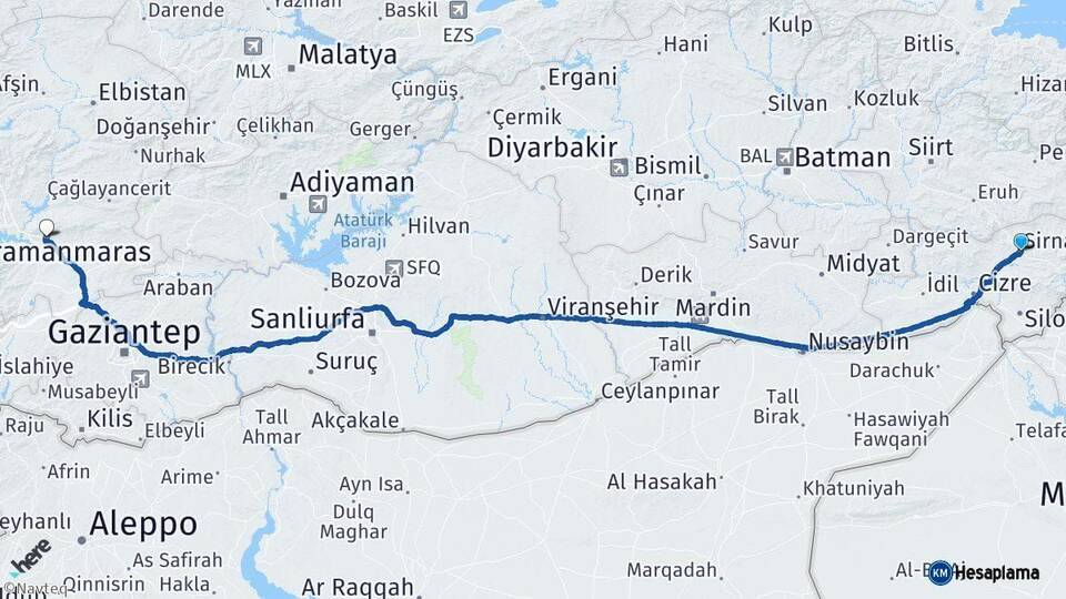 Şırnak Kahramanmaraş Arası Kaç Km - Yol Haritası