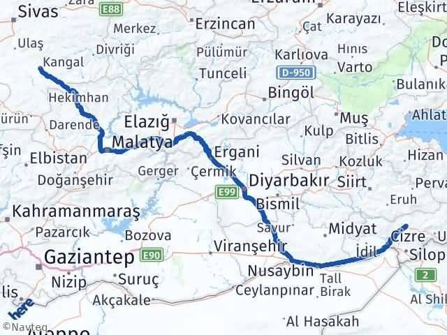 Şırnak Kangal Sivas Arası Kaç Km - Yol Haritası