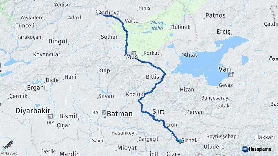 Şırnak Karlıova Bingöl Arası Kaç Km - Yol Haritası