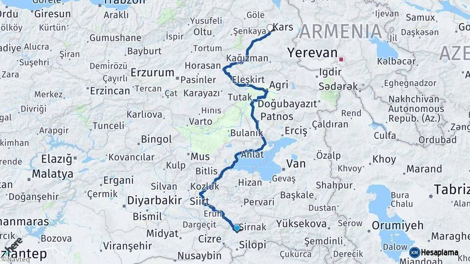Şırnak Kars Arası Kaç Km - Yol Haritası