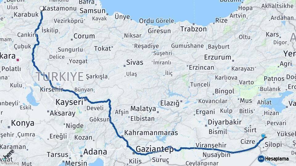 Şırnak Kastamonu Arası Kaç Km - Yol Haritası