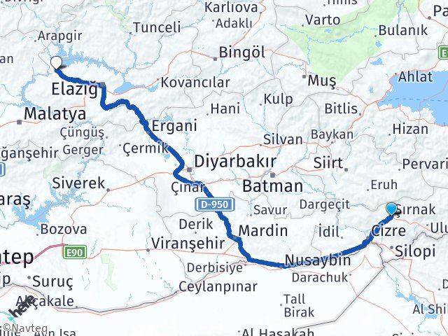 Şırnak Keban Elazığ Arası Kaç Km - Yol Haritası