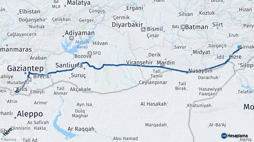Şırnak Kilis Arası Kaç Km - Yol Haritası