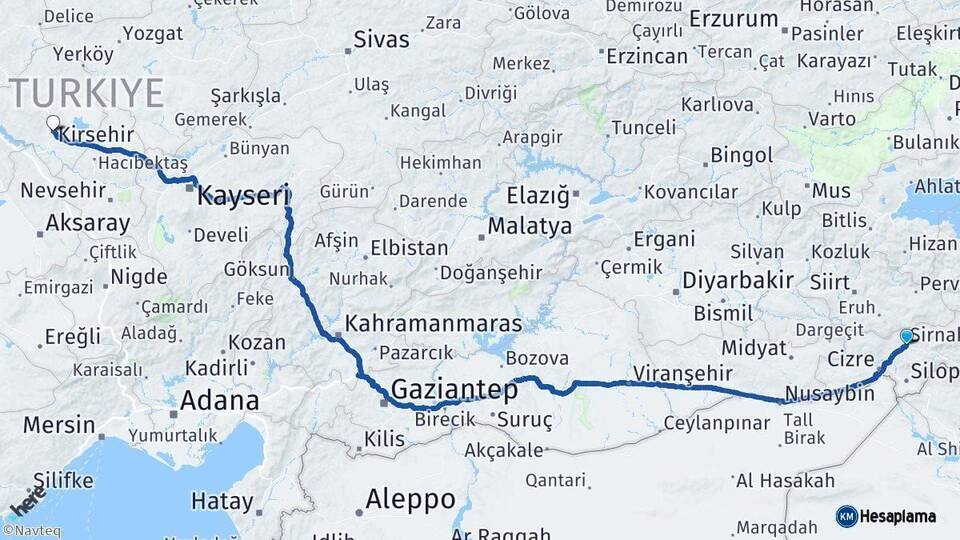 Şırnak Kırşehir Arası Kaç Km - Yol Haritası