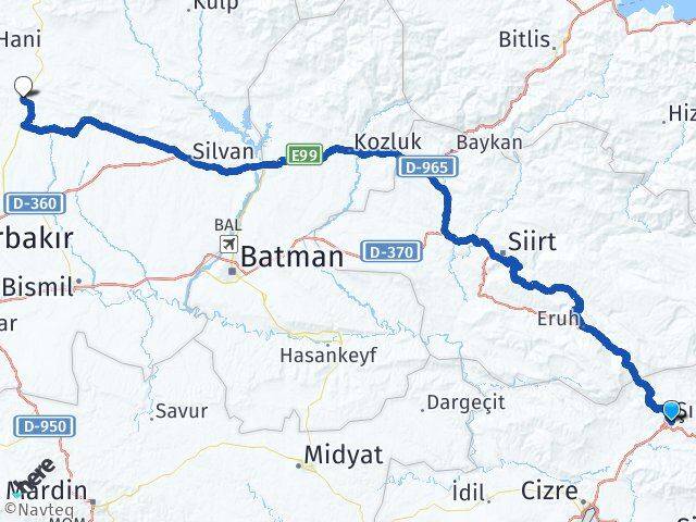 Şırnak Kocaköy Diyarbakır Arası Kaç Km - Yol Haritası