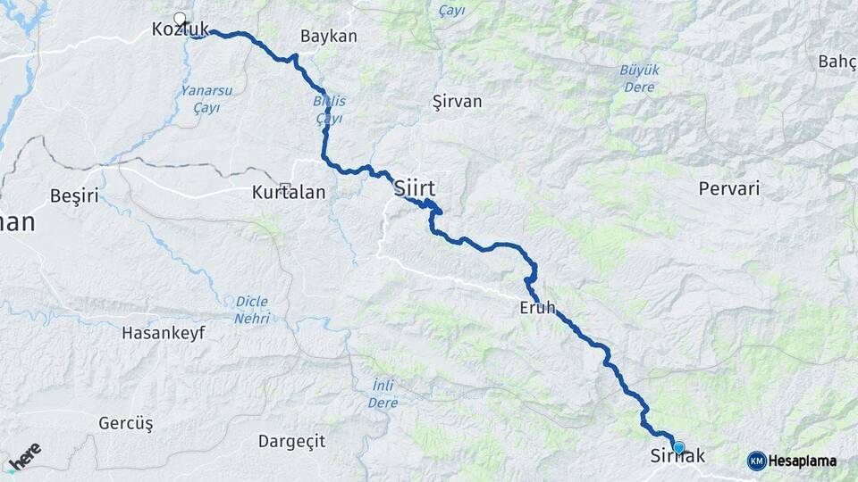Şırnak Kozluk Batman Arası Kaç Km - Yol Haritası