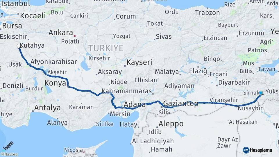 Şırnak Kütahya Arası Kaç Km - Yol Haritası