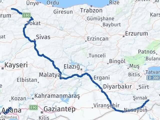 Şırnak Ladik Samsun Arası Kaç Km - Yol Haritası