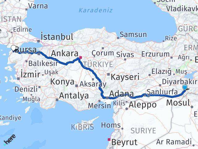 Şırnak Lapseki Çanakkale Arası Kaç Km - Yol Haritası