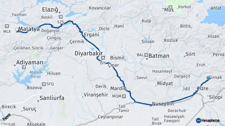 Şırnak Malatya Arası Kaç Km - Yol Haritası