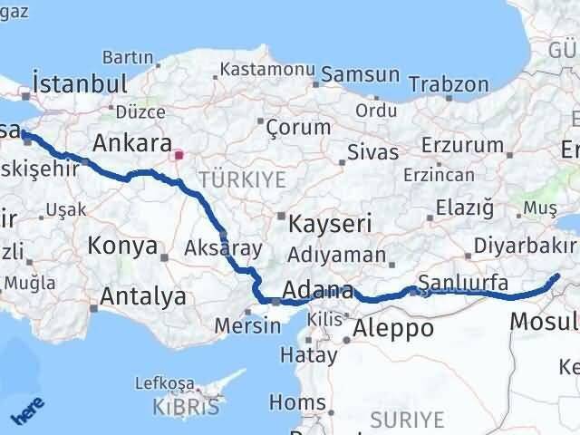 Şırnak Mudanya Bursa Arası Kaç Km - Yol Haritası