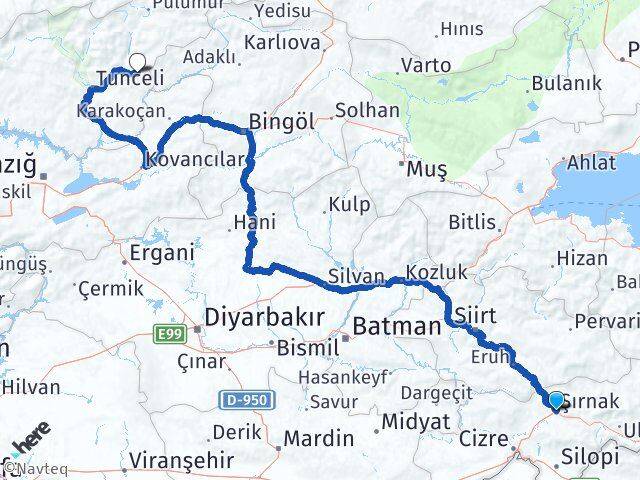 Şırnak Nazımiye Tunceli Arası Kaç Km - Yol Haritası