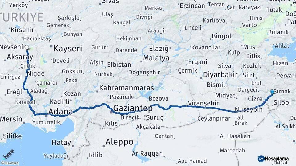 Şırnak Nevşehir Arası Kaç Km - Yol Haritası