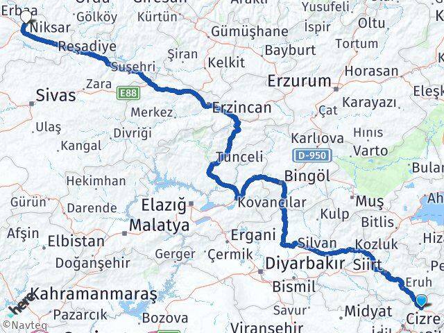Şırnak Niksar Tokat Arası Kaç Km - Yol Haritası