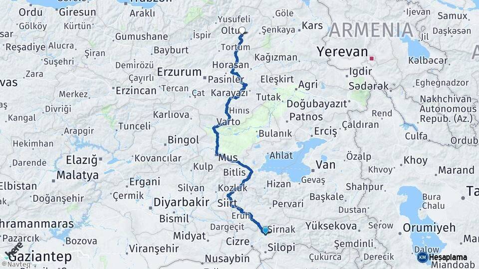 Şırnak Oltu Erzurum Arası Kaç Km - Yol Haritası