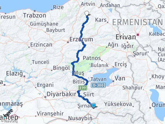Şırnak Olur Erzurum Arası Kaç Km - Yol Haritası