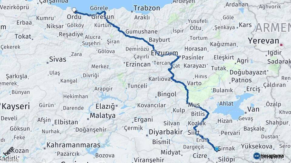 Şırnak Ordu Arası Kaç Km - Yol Haritası
