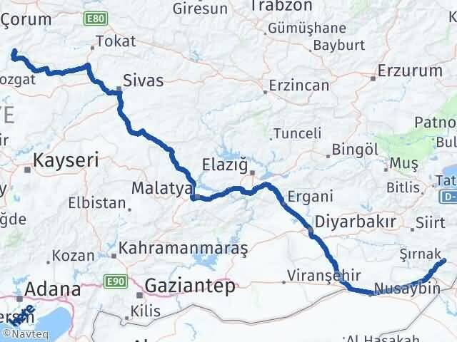 Şırnak Ortaköy Çorum Arası Kaç Km - Yol Haritası