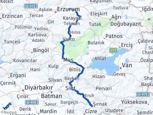 Şırnak Pasinler Erzurum Arası Kaç Km - Yol Haritası