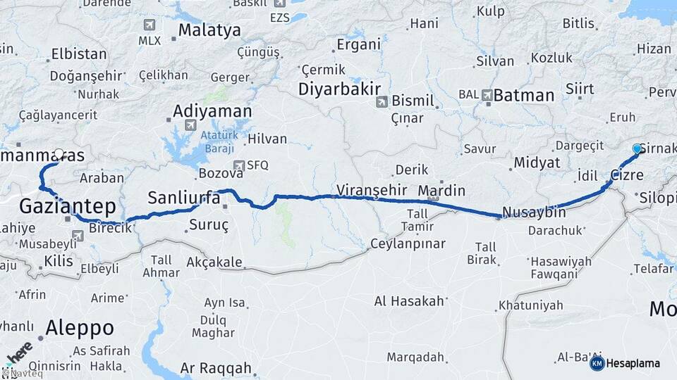 Şırnak Pazarcık Kahramanmaraş Arası Kaç Km - Yol Haritası