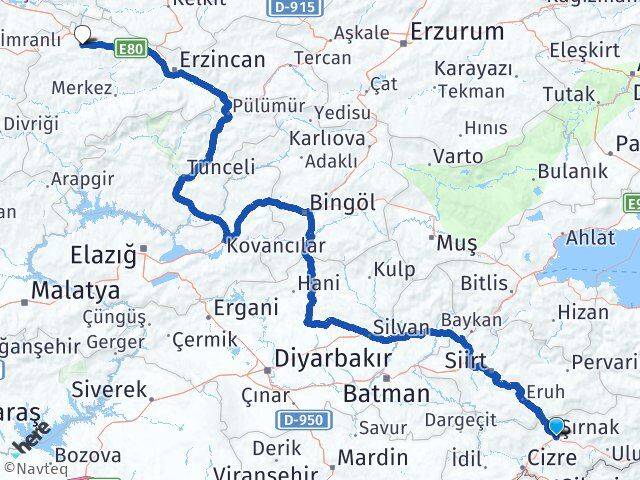 Şırnak Refahiye Erzincan Arası Kaç Km - Yol Haritası