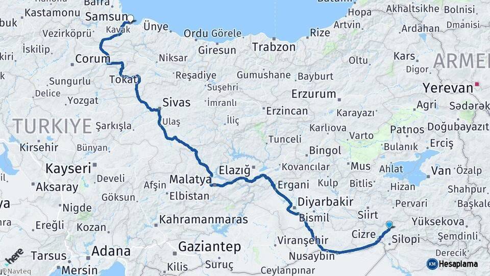 Şırnak Samsun Arası Kaç Km - Yol Haritası