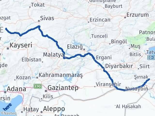 Şırnak Sarıkaya Yozgat Arası Kaç Km - Yol Haritası