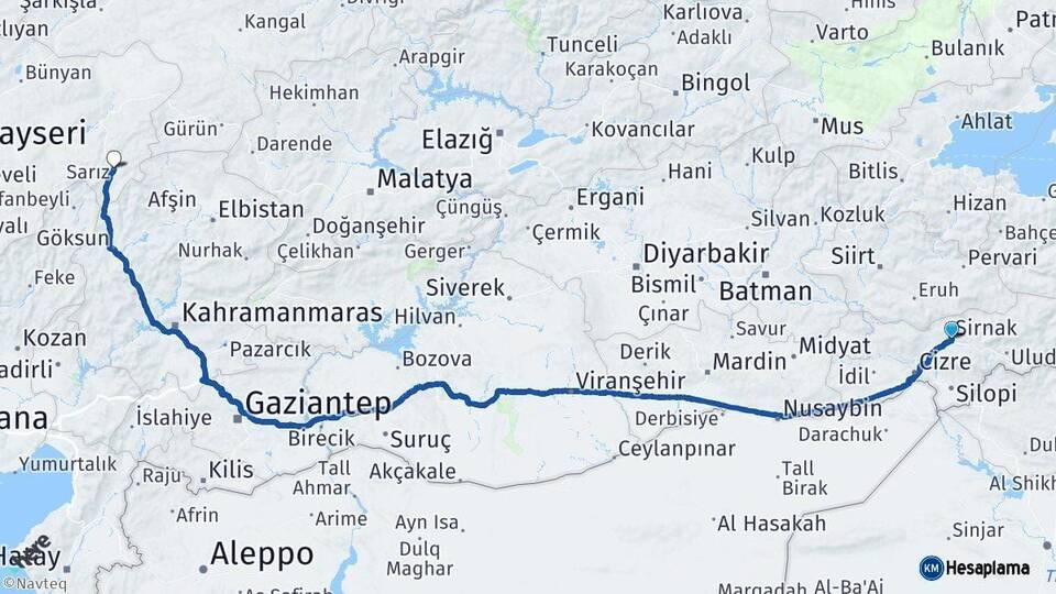 Şırnak Sarız Kayseri Arası Kaç Km - Yol Haritası