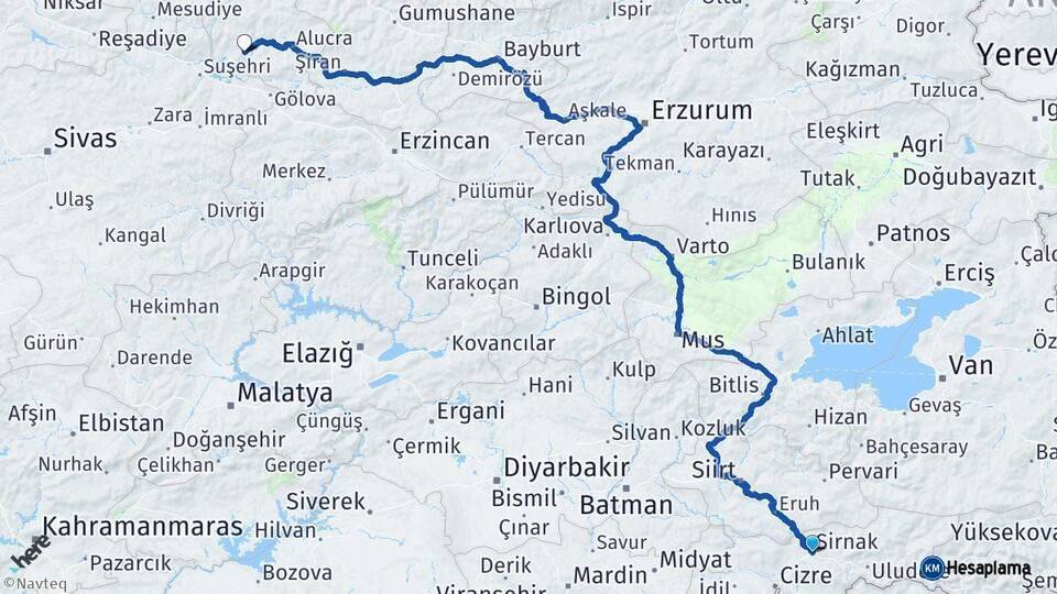Şırnak Şebinkarahisar Giresun Arası Kaç Km - Yol Haritası