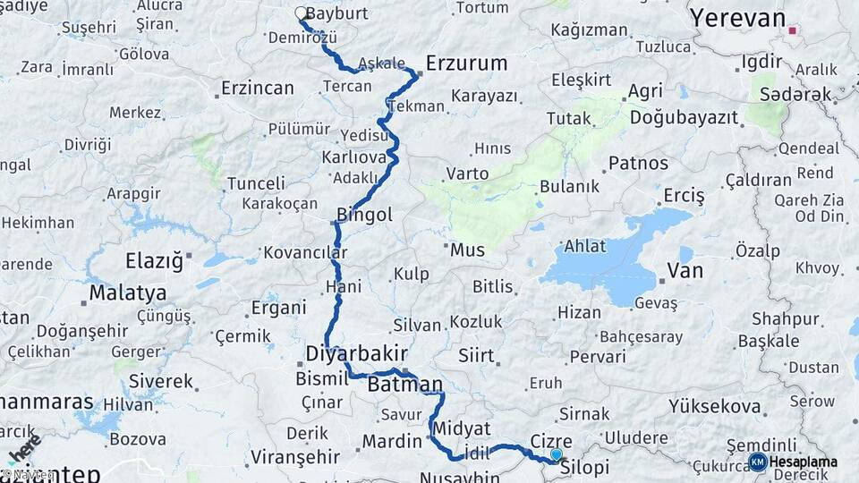 Şırnak Silopi Bayburt Arası Kaç Km - Yol Haritası