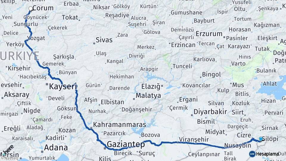 Şırnak Silopi Çorum Arası Kaç Km - Yol Haritası