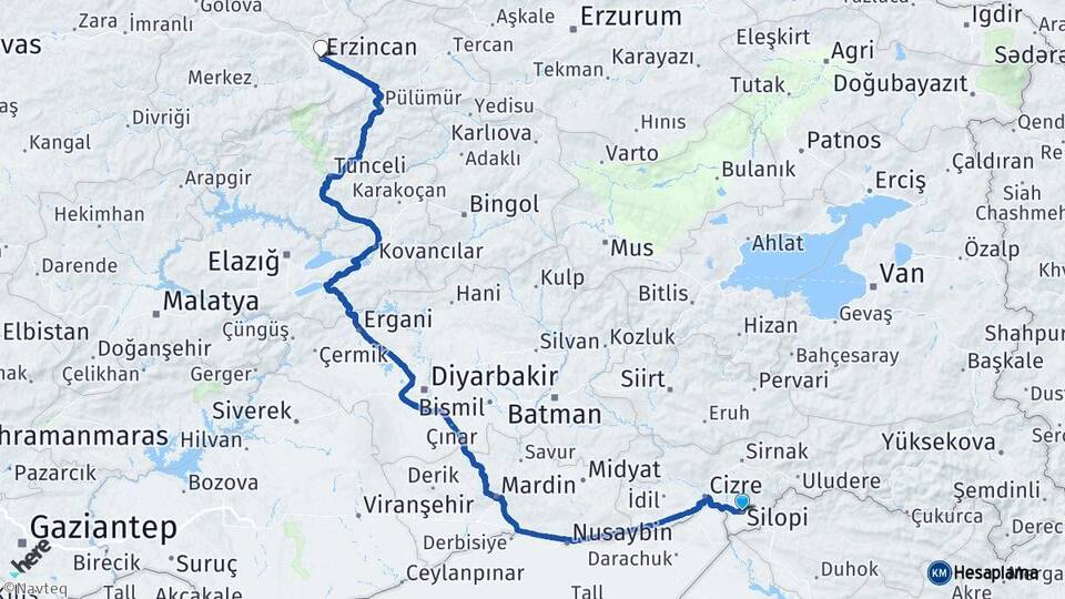 Şırnak Silopi Erzincan Arası Kaç Km - Yol Haritası