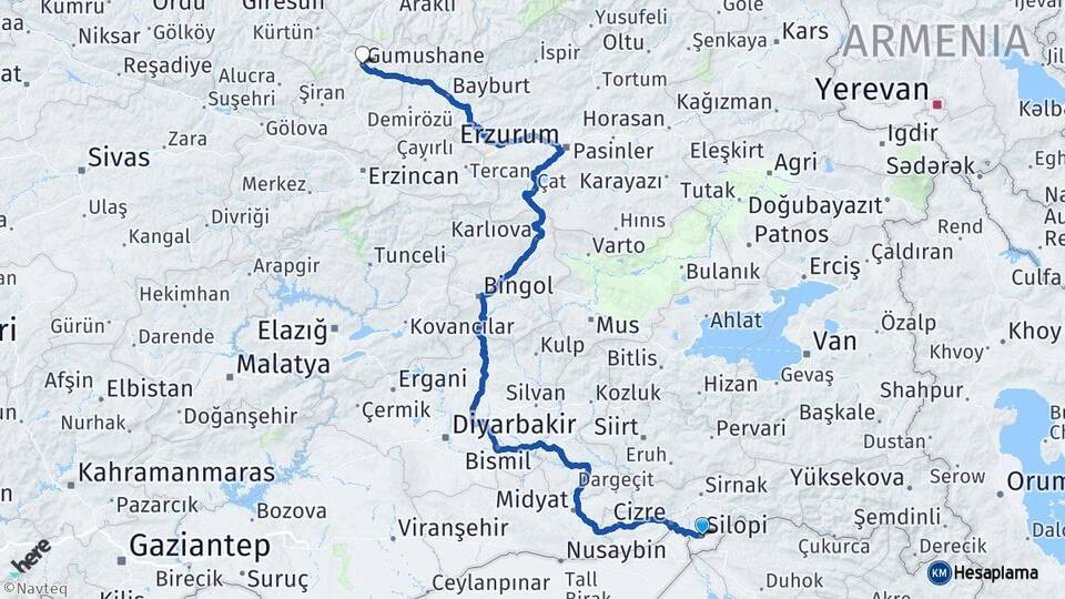 Şırnak Silopi Gümüşhane Arası Kaç Km - Yol Haritası