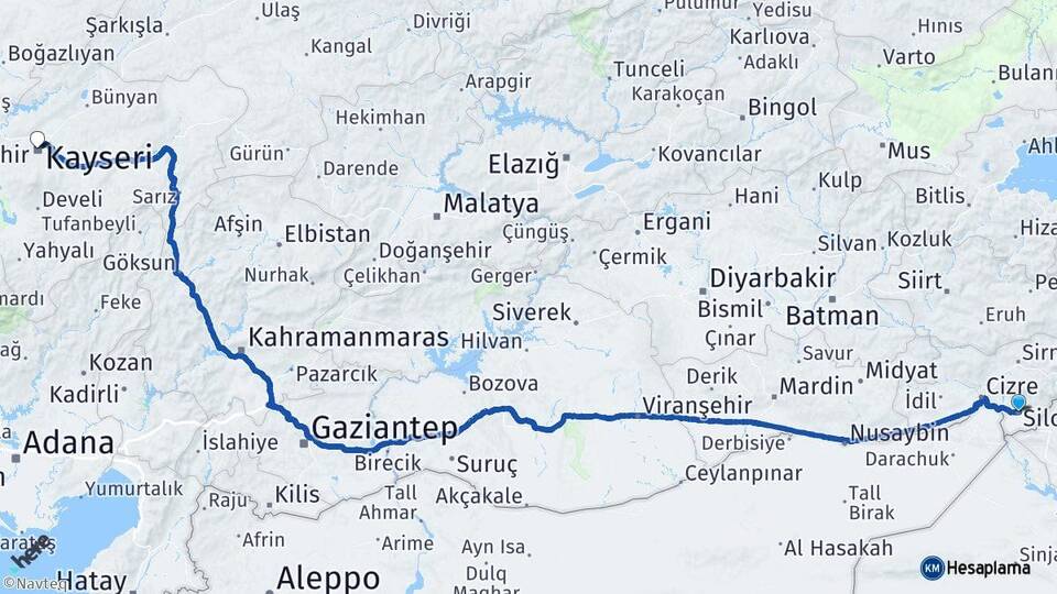 Şırnak Silopi Kayseri Arası Kaç Km - Yol Haritası