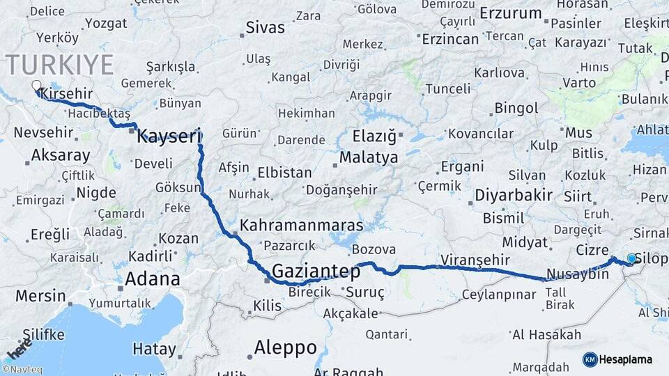 Şırnak Silopi Kırşehir Arası Kaç Km - Yol Haritası