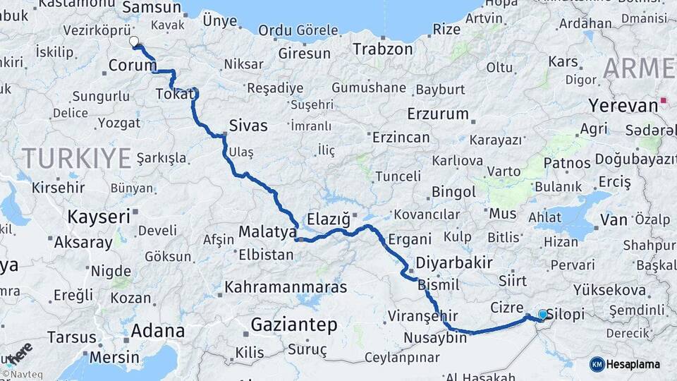 Şırnak Silopi Merzifon Amasya Arası Kaç Km - Yol Haritası