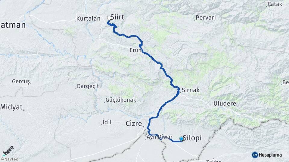 Şırnak Silopi Siirt Arası Kaç Km - Yol Haritası