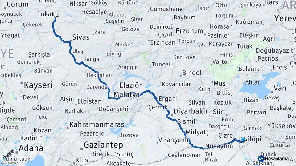 Şırnak Silopi Tokat Arası Kaç Km - Yol Haritası