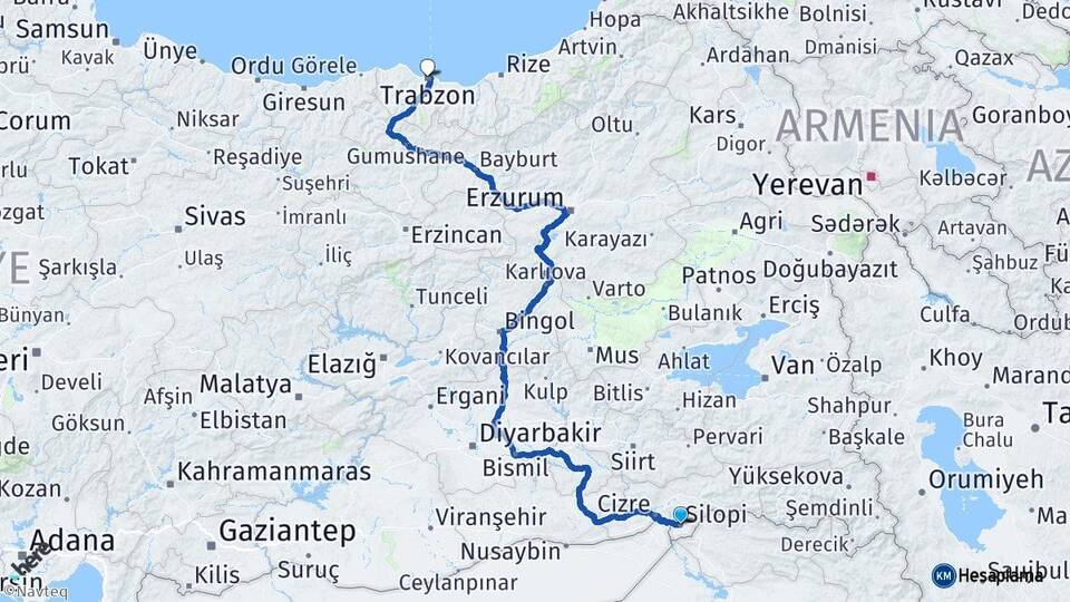 Şırnak Silopi Trabzon Arası Kaç Km - Yol Haritası