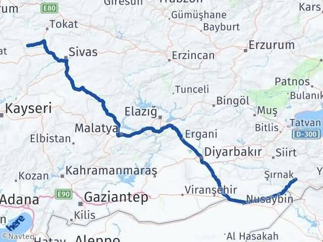 Şırnak Sulusaray Tokat Arası Kaç Km - Yol Haritası